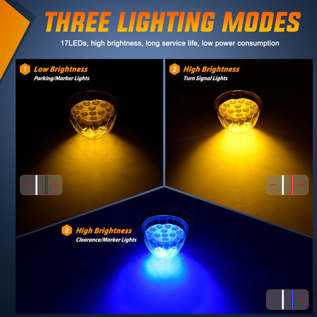 Watermelon Light 17 LED Dual Color 2PCS Stainless Steel Bezel Amber to Blue Side Marker Clearance Turn Signal Lights 4 Plug IP68 Waterproof for Trailer Truck Pickup Camper RV ATV UTV Boat
