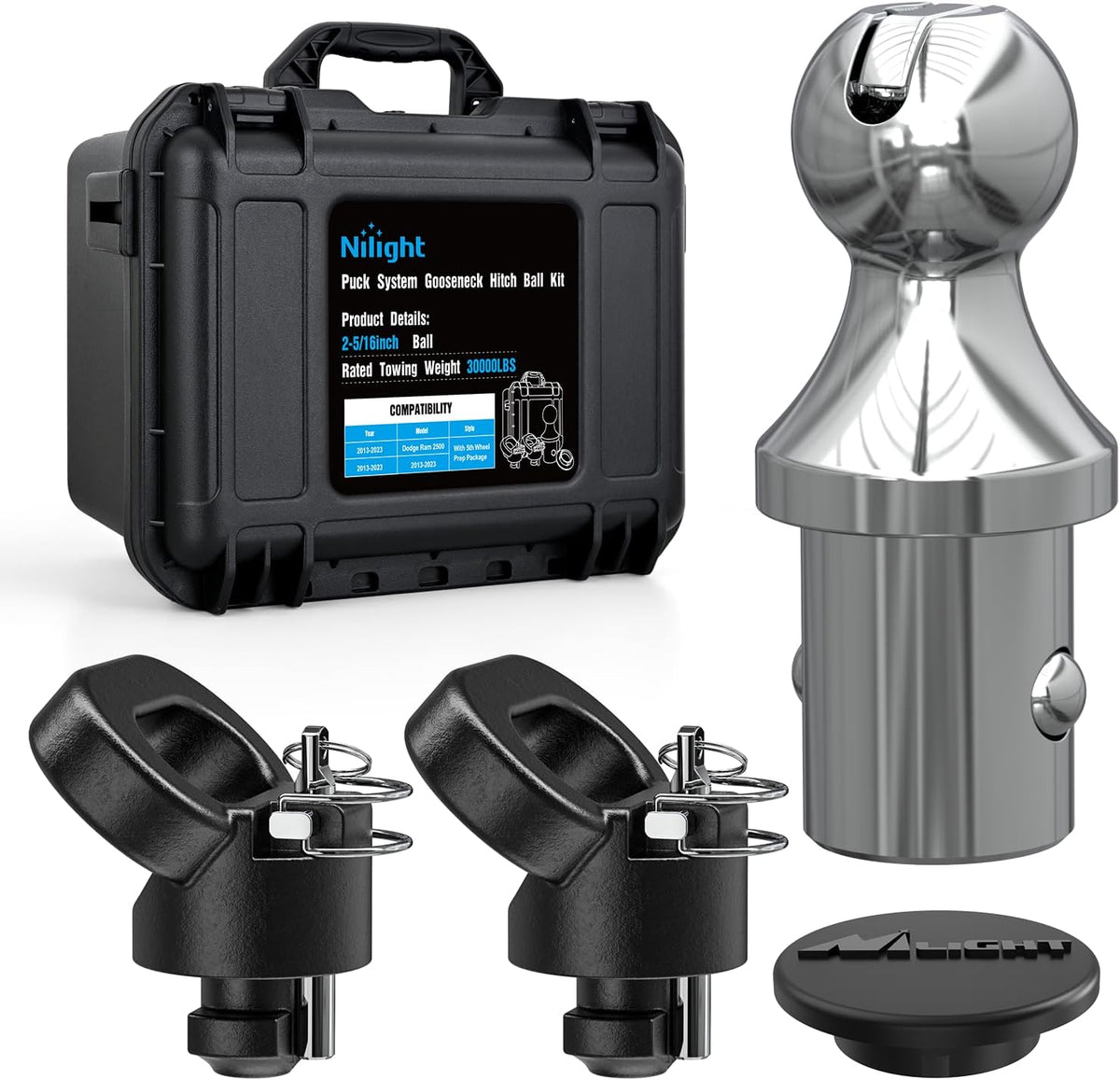 60618 Puck System Gooseneck Hitch Ball Kit, Compatible with 2013-2025 Dodge RAM 2500 3500, 2-5/16 Inch Gooseneck Ball for Truck Bed with 2 Safety Chain Anchors w/Storage Box
