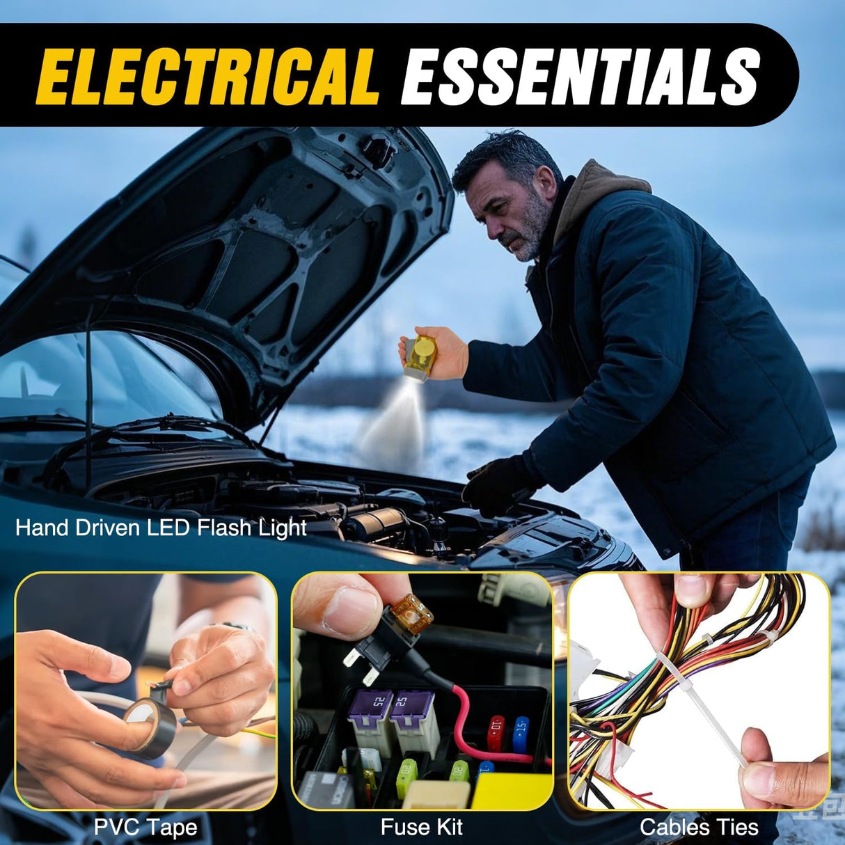 Car Emergency Kit with Jumper Cable Air Compressor Tire Repair Essential Tools First Aid Alligator Connector Electrical Kit for Travel Camping Outdoor Cars Truck SUV RV