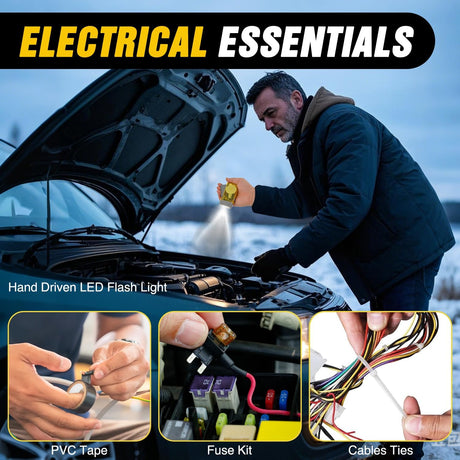 Car Emergency Kit with Jumper Cable Air Compressor Tire Repair Essential Tools First Aid Alligator Connector Electrical Kit for Travel Camping Outdoor Cars Truck SUV RV