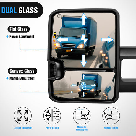 Towing Mirrors Turn Signal Reverse Puddle Lights Power Heated Adjustable Glass Manual Telescoping Folding Compatible With 2007-2014 Chevy Silverado GMC Sierra Yukon XL