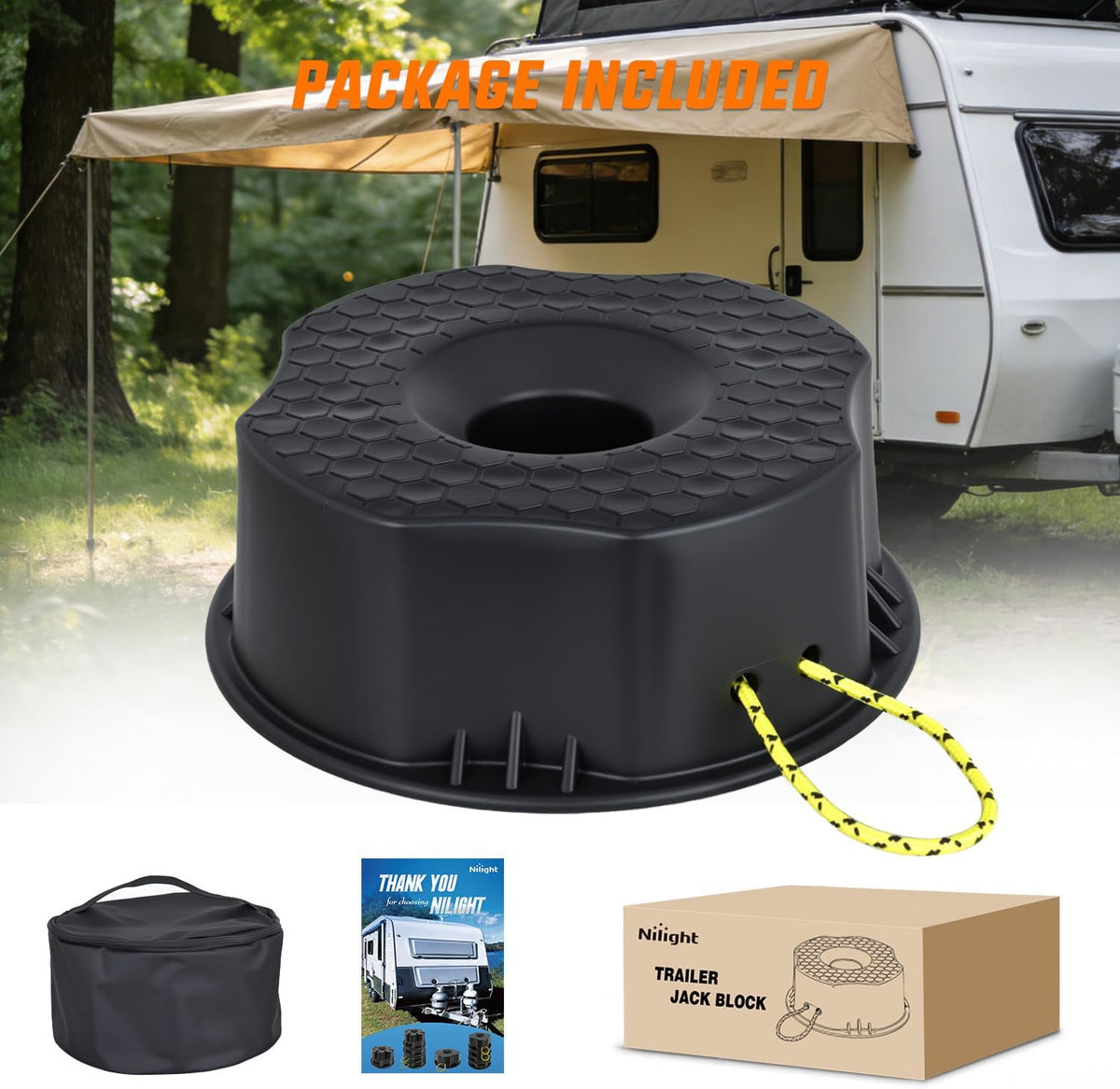Trailer Jack Block, RV Camper Stabilizer Blocks for Travel Trailer with Bag, Heavy Duty RV Leveling Block with 10000lbs Capacity Universal Fit for Tongue Jack Post Foot 5th Wheels Black 1 Pack