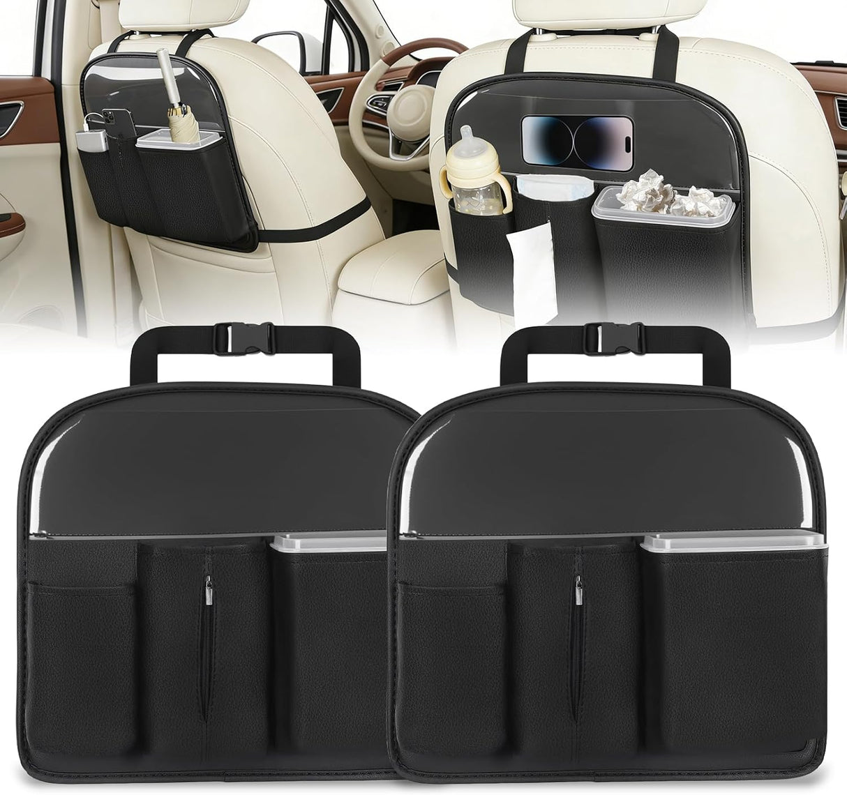 Car Seat Back Organizer 2PCS Black PU Leather Universal | Removable Inner Bucket Tissue Box Mesh Pockets Waterproof Hanging Storage Bag for Cars Vans SUVs MPVs Pickup Trucks
