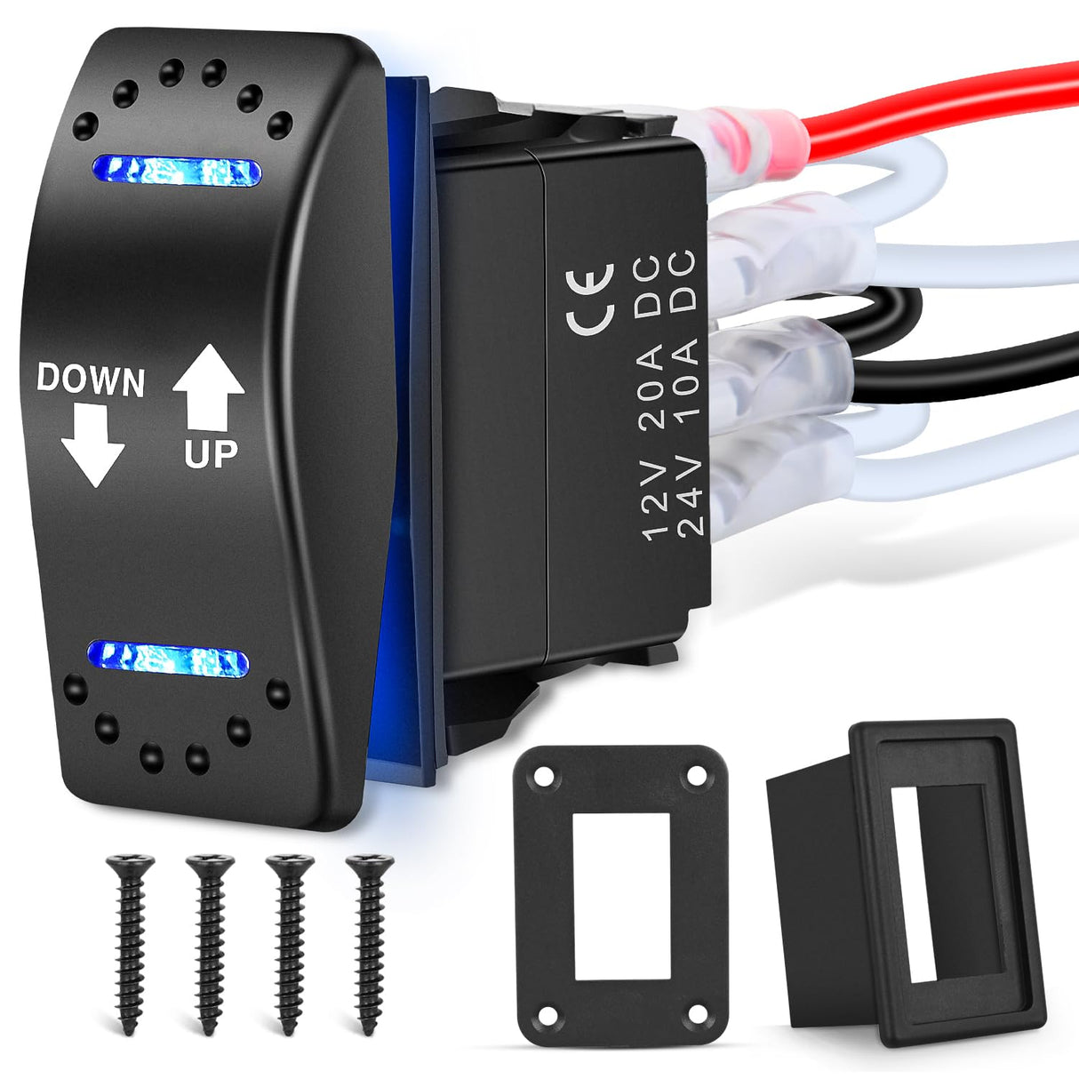 Down Up Polarity Reverse Blue LED Switch DPDT 20A 12V 24V 7PIN Momentary Rocker ON Off ON Toggle with Jumper Wires and Adaptor for Control Motor for Hoist Crane Linear Actuator