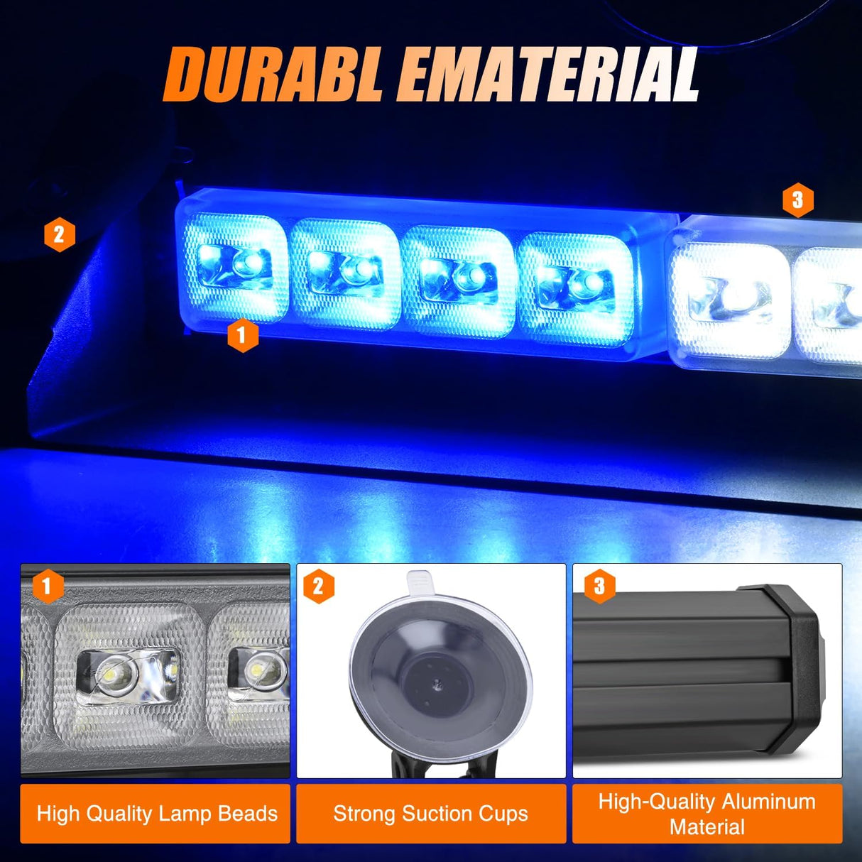 8LED Blue White Traffic Advisor Strobe Light Bar Hazard Safety | with Vacuum Suction Emergency Dash Warning Flashing Lights Front/Rear Windshield Visor for Truck Police Construction Vehicles
