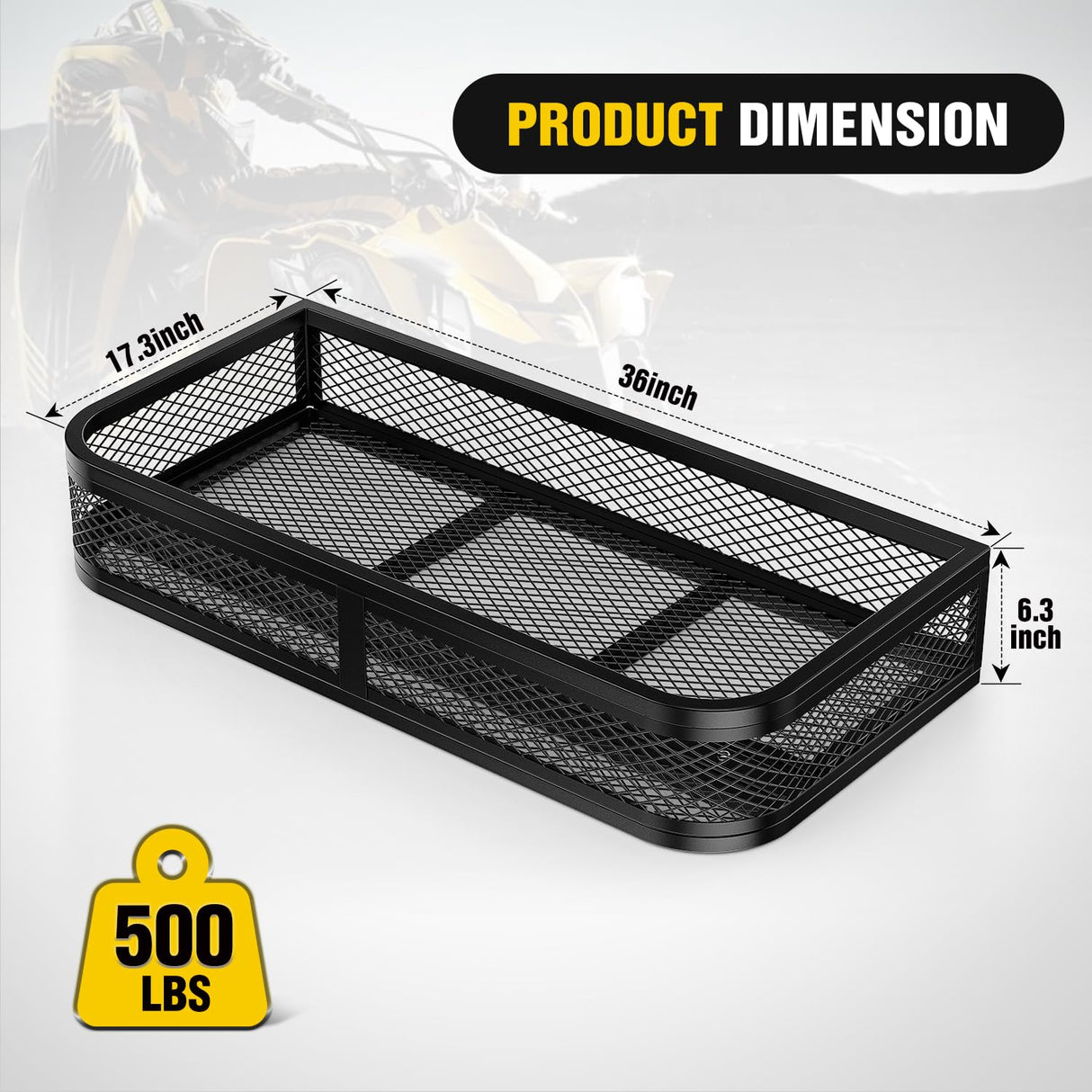ATV Front Cargo Basket, 17 Inch W x 36 Inch L x 6.3 Inch H Racks and Baskets with Steel Mesh Frame, Heavy Duty ATV Storage Cargo Box Attachments for Luggage Carrier