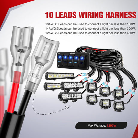 16AWG 14AWG 12AWG LED Light Bar Wiring Harness Kit 12V On/Off 5 Gang Rocker Switch Panel Power Relay Blade Fuse 5Pin Toggle Switches for Cars Boat ATV Trucks-10 Leads