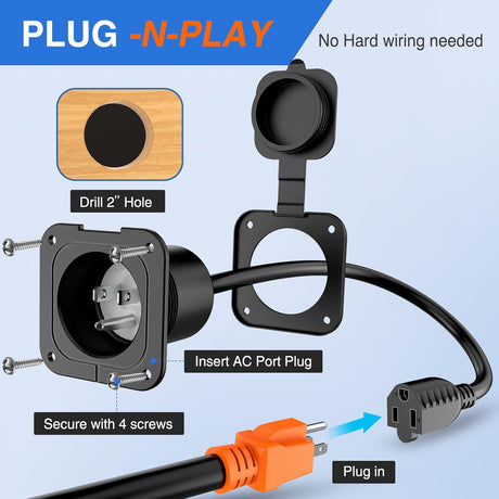 15 AMP RV Power Flanged Inlet 125V AC Port Shore Receptacle with Extension Cord ETL Listed NEMA 5-15P Plug 5-15R Female Outlet for RV Camper Generator Shed Motorhome