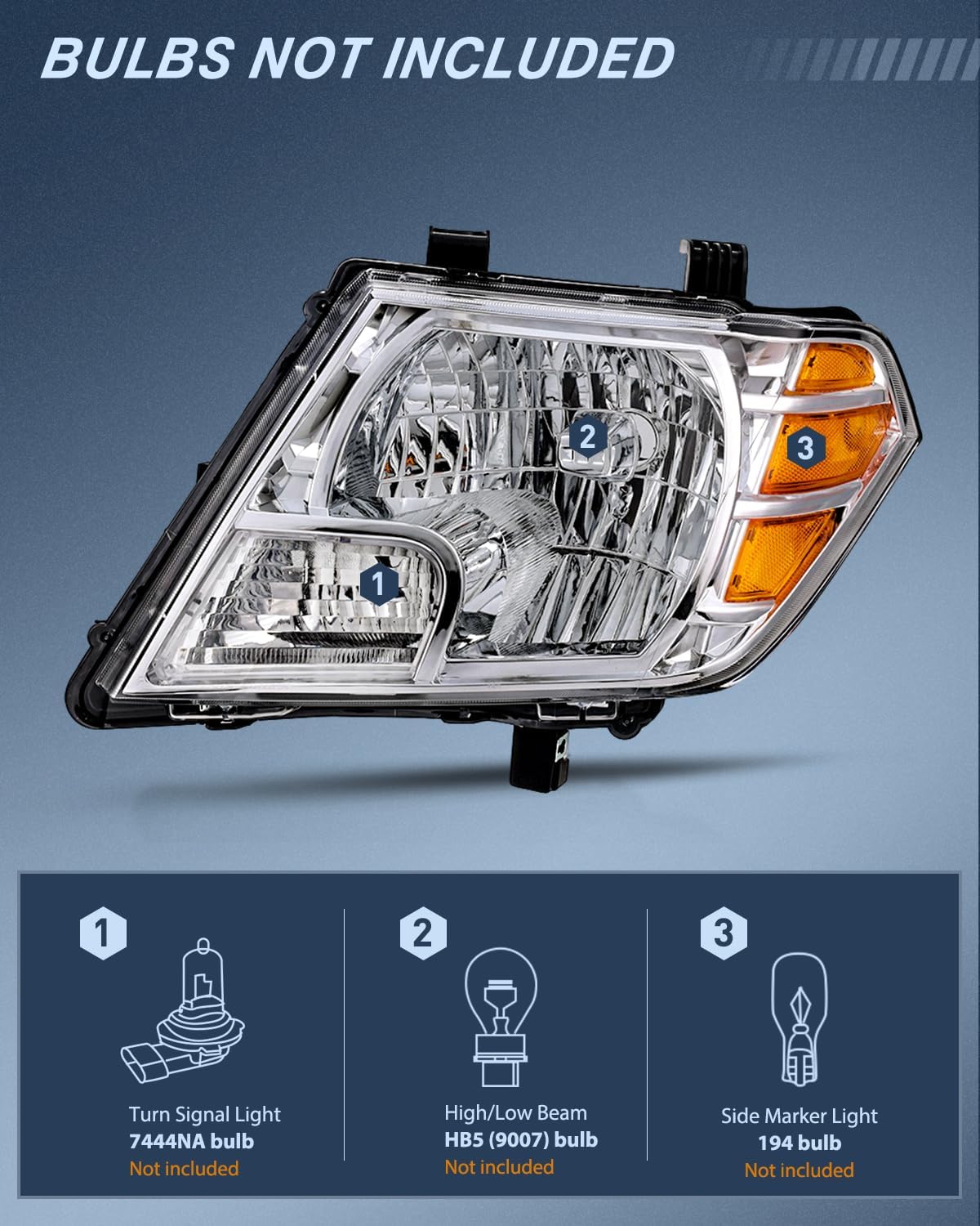Headlight Assembly Compatible with 2009-2021 Nissan Frontier | 2009-2021 Nissan Frontier 4-Door Sedan Chrome Housing Amber Reflector