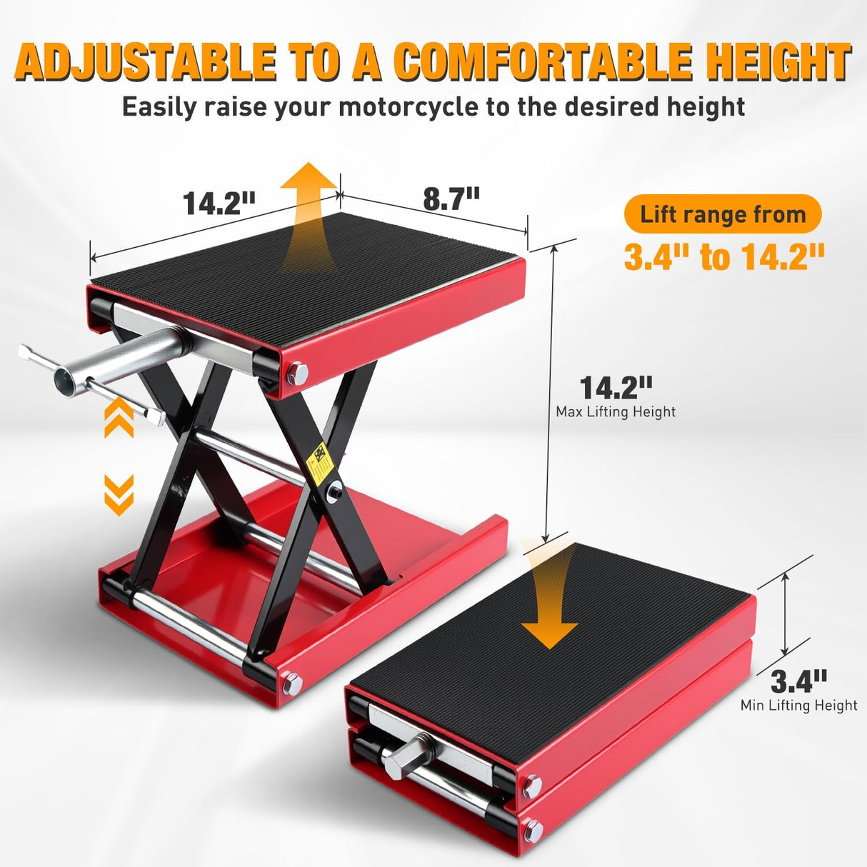 Motorcycle Lift Jack 1100 LBS Scissor Jack Stand Lift from 3.4 Inch to 14.2 Inch with Wide Deck Crank Handle Steel Scissor Hoist Garage Repair Lifter Table Jacks for Motorcycles ATV Dirt Bike, Red