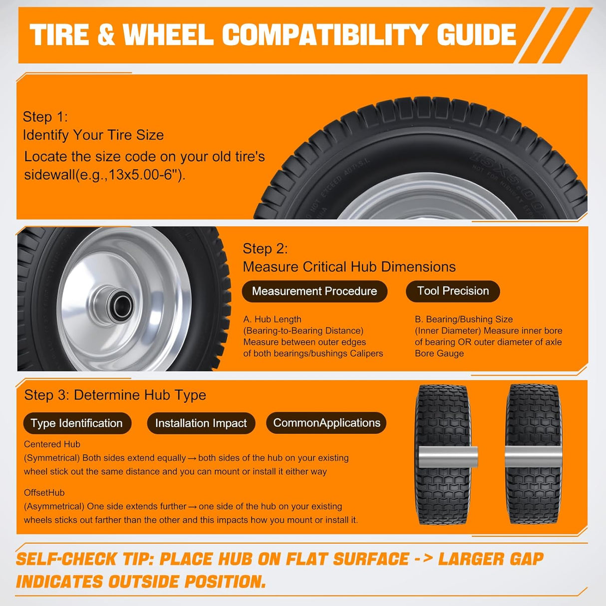 13x5.00-6 Solid Lawn Mower Tires, 13 Inch Flat-Free Polyurethane Tire with 3/4 Inch Axle Bore & 3 Inch Hub Length, Airless Replacement Wheels for Riding Lawn Mowers, 2 Pack