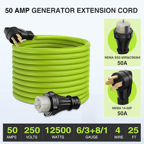 25FT 50 Amp Generator Extension Cord 250V Heavy Duty 6/3+8/1 Gauge Pure Copper STW Wire ETL Listed 4 Prong 14-50P SS2-50R&CS6364 Suit for RV Camper Outdoor Use Bright Green