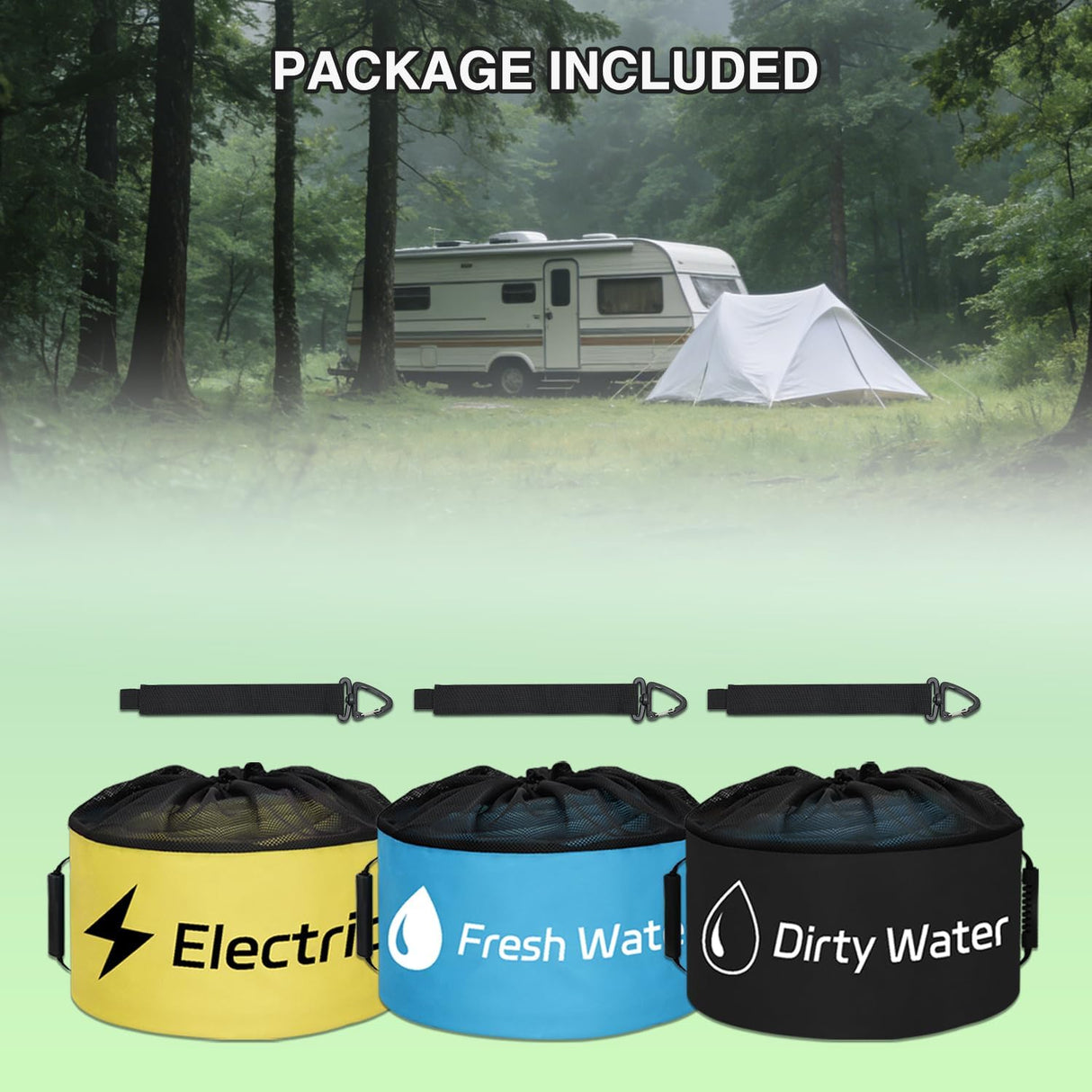 3 Pack RV Hose Storage Bag, Waterproof Utility Bag with Drawstring Mesh Top RV Storage and Organization Bags Container for Sewer, Fresh Water Hoses Electrical Cords Camper Tools Accessories