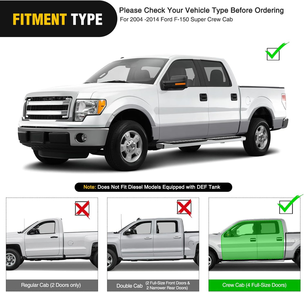 Running Boards for 2004 2005 2006 2007 2008 2009 2010 2011 2012 2013 2014 Ford F-150 Crew Cab 4 Full Size Doors 6 Inch Stainless Steel Bolt-on Side Step Nerf Bars Silver