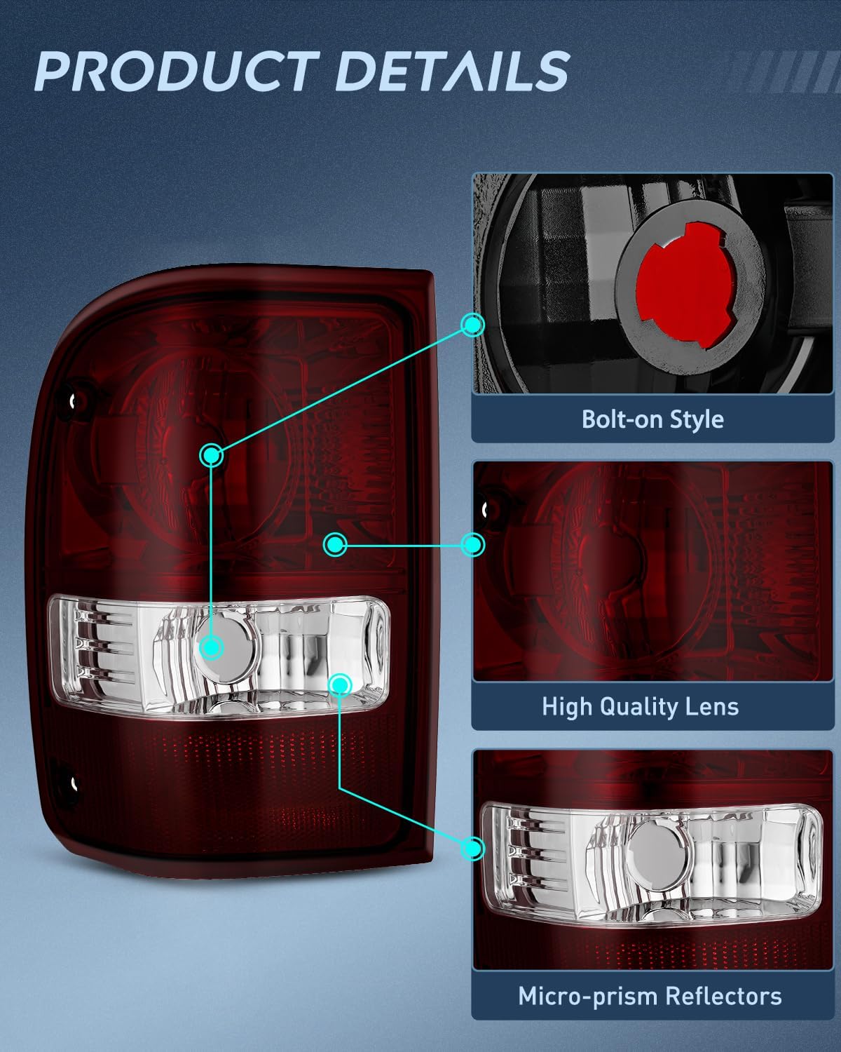 Taillight Assembly Compatible with 2001 2002 2003 2004 2005 2006 2007 2008 2009 2010 2011 Ford Ranger without STX Model Rear Lamp OE Style Driver and Passenger Side Dark Red Lens