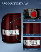 Taillight Assembly Compatible with 2001 2002 2003 2004 2005 2006 2007 2008 2009 2010 2011 Ford Ranger without STX Model Rear Lamp OE Style Driver and Passenger Side Dark Red Lens