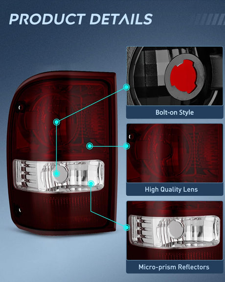 Taillight Assembly Compatible with 2001 2002 2003 2004 2005 2006 2007 2008 2009 2010 2011 Ford Ranger without STX Model Rear Lamp OE Style Driver and Passenger Side Dark Red Lens
