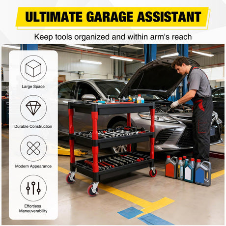 3-Tier Rolling Utility Cart with 4 Inch Swivel Wheels, Heavy-Duty Plastic Tool Cart for Auto Detailing, Garage & Workshop