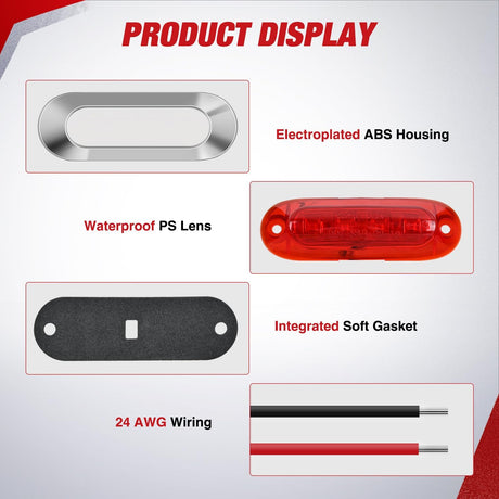 10PCS Red Oval Side Marker Lights 4 LED 3.7 Inch Clearance Lamp IP68 Waterproof DC 12-24V with Chrome Bezel Universal for Car Auto Truck Bus Trailer Boat Deck