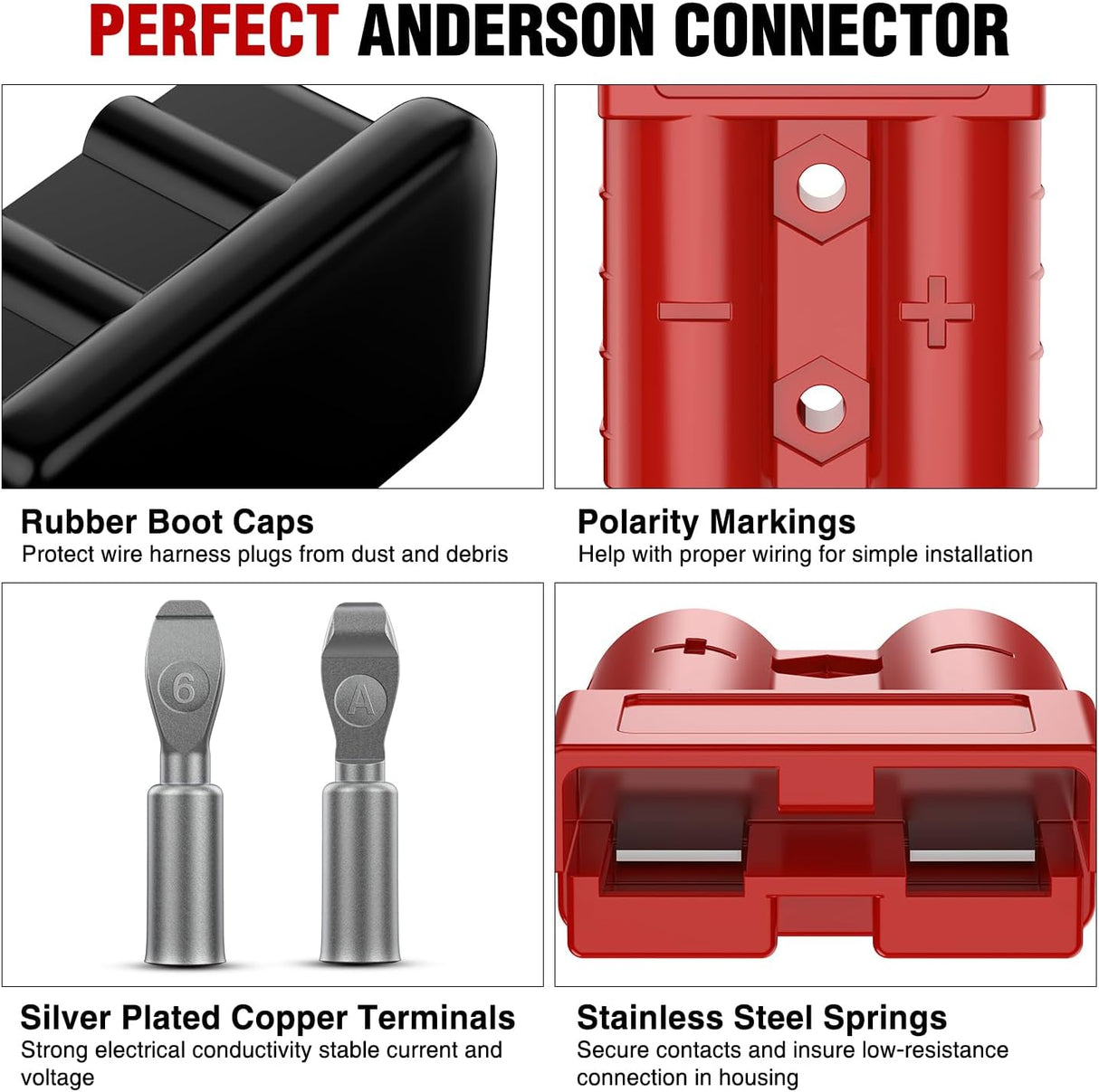 Anderson Connector 50AMP 6AWG Anderson Plug 12V-36V Battery Quick Connect/Disconnect Wire Harness Plugs Connectors Kit for 6 Gauge Cables Car Marine ATV Trailer Towing Winch Motor, 4 Pack Red