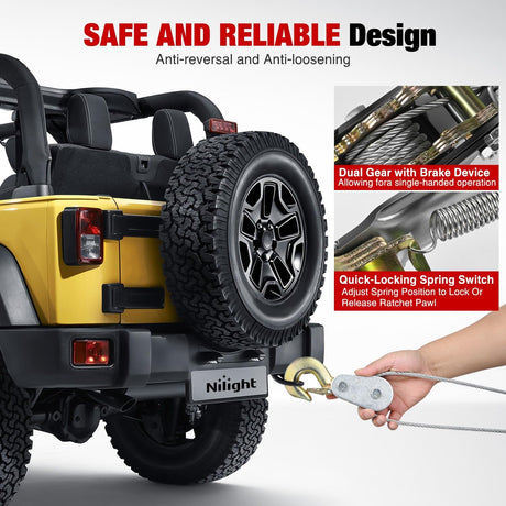 Come Along Winch 5 Ton /10,000 Lbs Heavy Duty Come Along Cable Puller Hand Winch Tool with 10 Ft Rope Double Gear 3 Hook for Lifting Pulling Road Vehicle Recovery Automotive Hoist Winch Puller