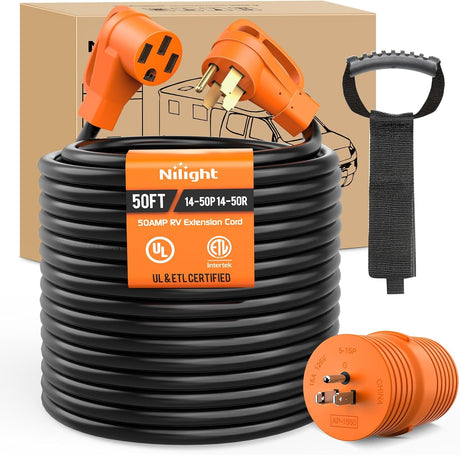 50FT 50 Amp RV Extension Cord with Adapter 15Amp to 50Amp 250V Heavy Duty 6/3+8/1 Gauge Pure Copper STW Wire UL ETL Listed 4 Prong 14-50P 14-50R Weatherproof Suit for Generators Camper