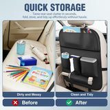 Car Seatback Organizer 2PCS Black PU Leather Universal | Foldable Tray Tablet Holder Tissue Box Removable Bucket Waterproof Storage Bag for Cars Vans SUVs MPVs Pickup Trucks