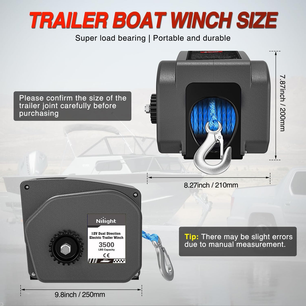 Boat Trailer Winch 3500 lbs Portable Electric Boat Winches 12 V DC Marine Winch with Synthetic Rope Remote Control Hand Crank Power-in Freewheel Waterproof Winch for Boat Trailer Towing, Gray
