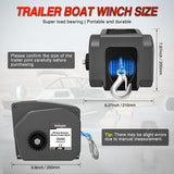 Boat Trailer Winch 3500 lbs Portable Electric Boat Winches 12 V DC Marine Winch with Synthetic Rope Remote Control Hand Crank Power-in Freewheel Waterproof Winch for Boat Trailer Towing, Gray