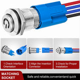 12mm Latching Push Button Switch 6pcs LED Blue Waterproof Small Round Power Button Switches with Pre-Wiring Socket for Car Truck Boat Marine RV Vehicle