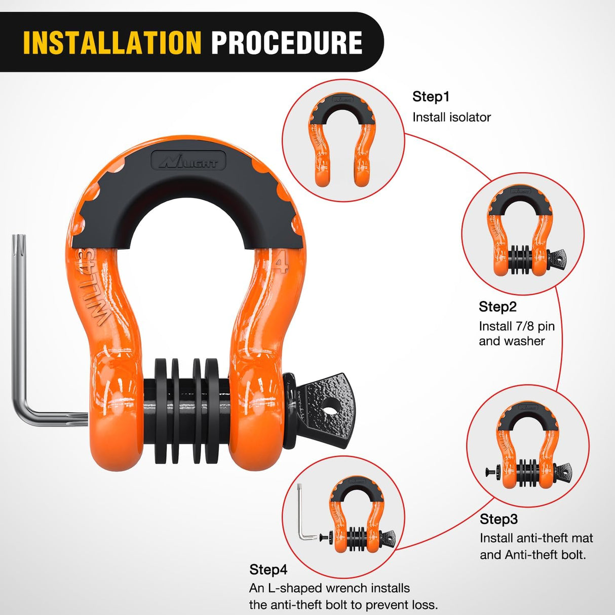 3/4 Inch D Ring Anti-Theft Shackle Tow Hook Jeep Truck SUV ATV UTV | Off Road Recovery Gear 19T 41,887 lbs Break Strength 4.75T WLL Rust-Resistant Anti-Rattle Isolators Heavy Duty Orange 2pack