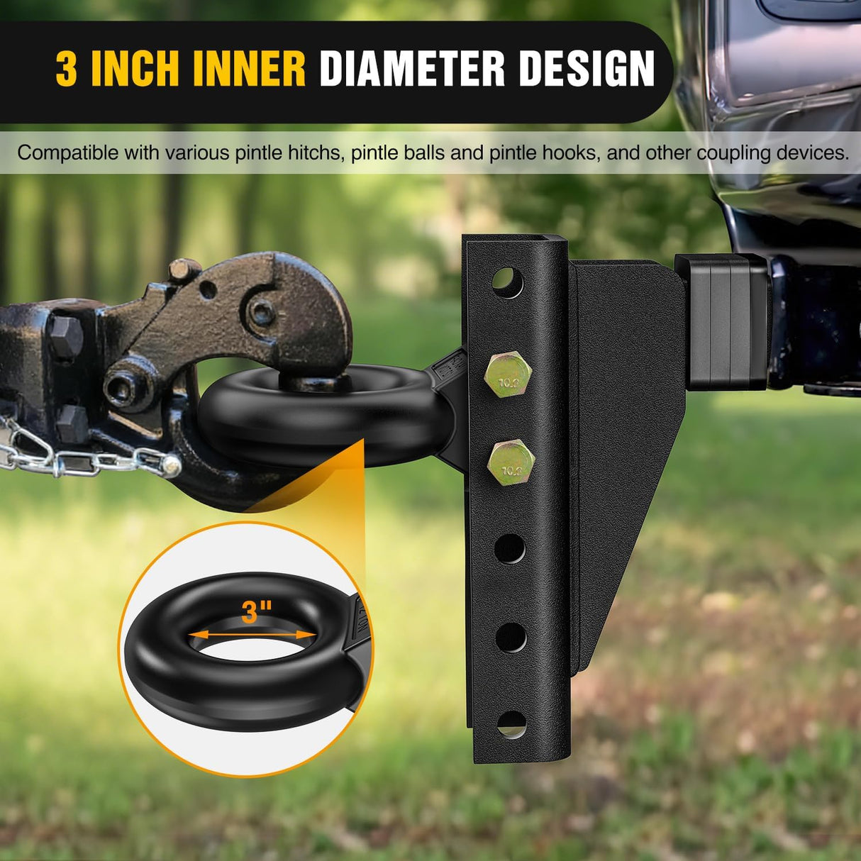Heavy Duty Pintle Hitch Lunette Ring Tow Eye,3 Inch ID, 26,455 lbs（12T） Capacity,Black Powdercoat,Trailers and Towing Accessories