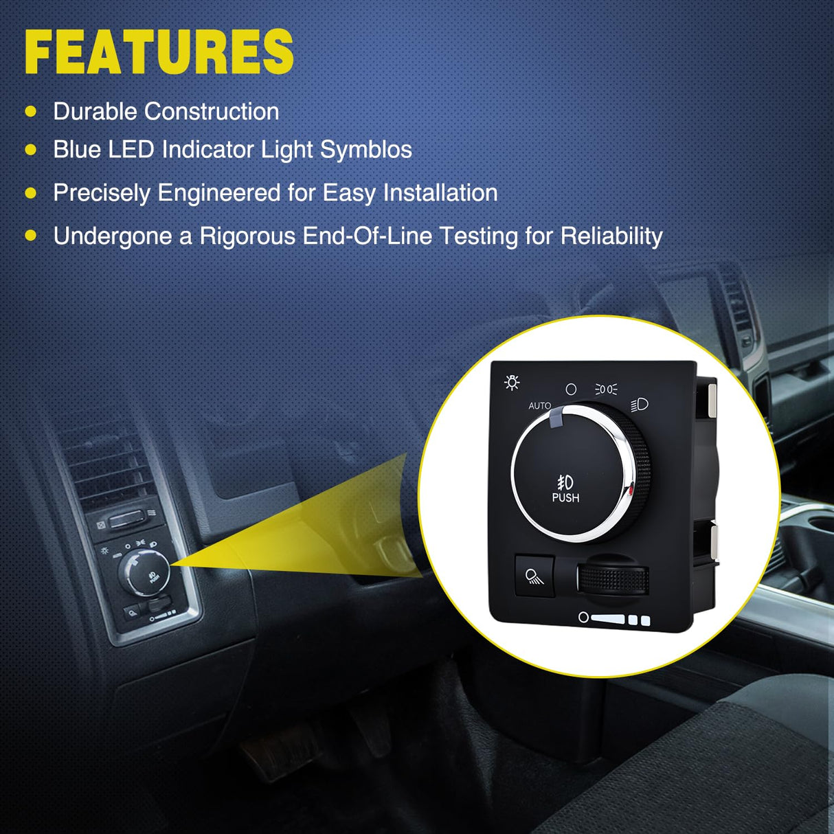 Headlight Dimmer Switch Compatible with 2010 Dodge Ram 1500 2500 3500 2011 2012 2013 2014 2015 2016 2017 2018 Ram 1500 2500 3500 4500 5500 2019-2023 Ram 1500 Classic w/Blue LED Light