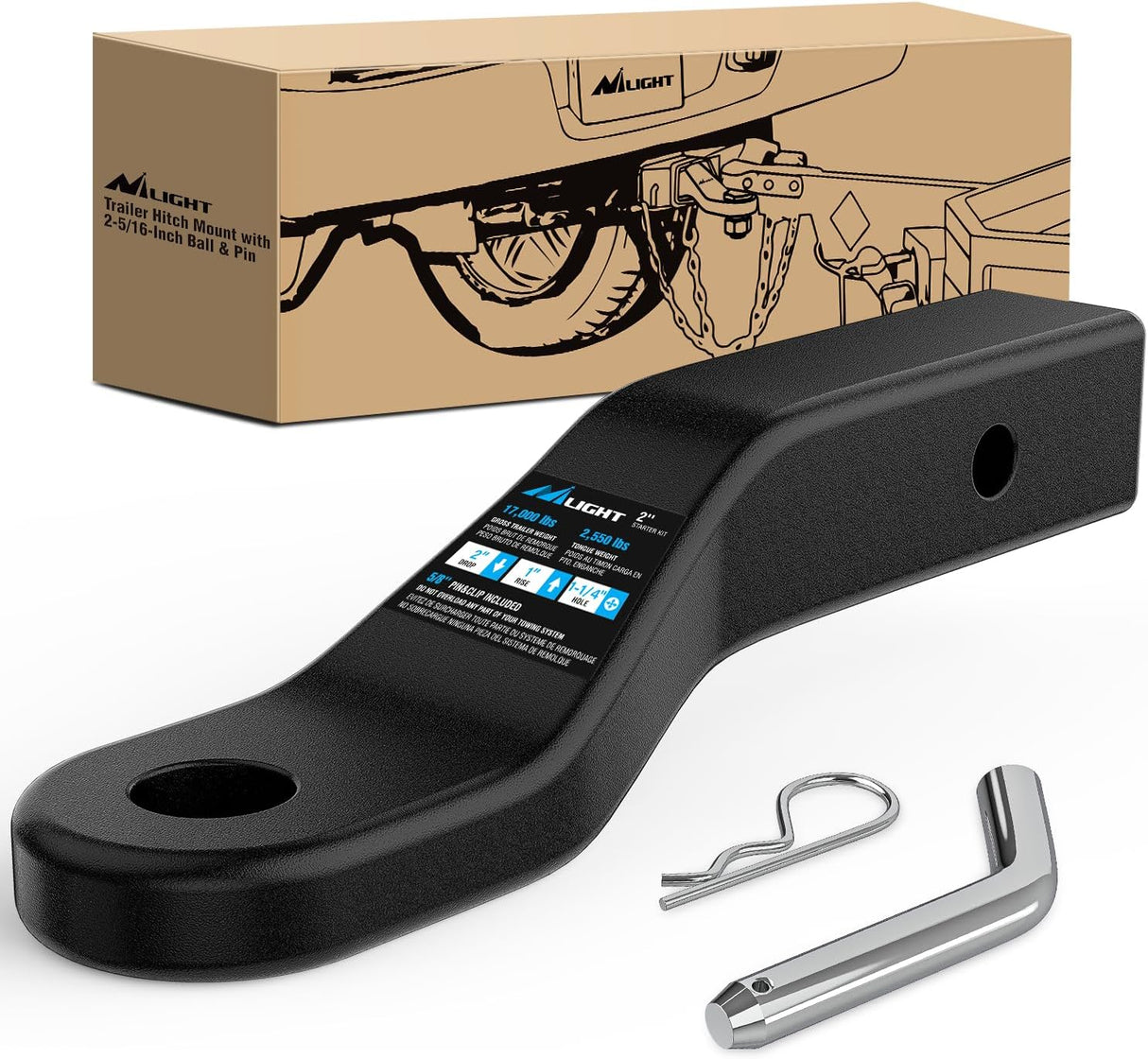 Forged Trailer Hitch Mount Fits 2 Inch Receiver Square 5/8 Inch Hitch Pin Clip 17000 lbs 2 Inch Drop, 1-1/4 Inch Hole, Gloss Black Powder Coat