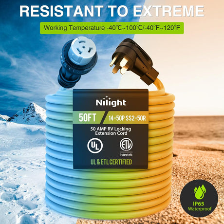 50FT 50 Amp RV Locking Extension Cord 250V Heavy Duty 6/3+8/1 Gauge Pure Copper STW Wire UL ETL Listed 4 Prong 14-50P SS2-50R Weatherproof Suit for Camper Caravan Trailer Bright Green