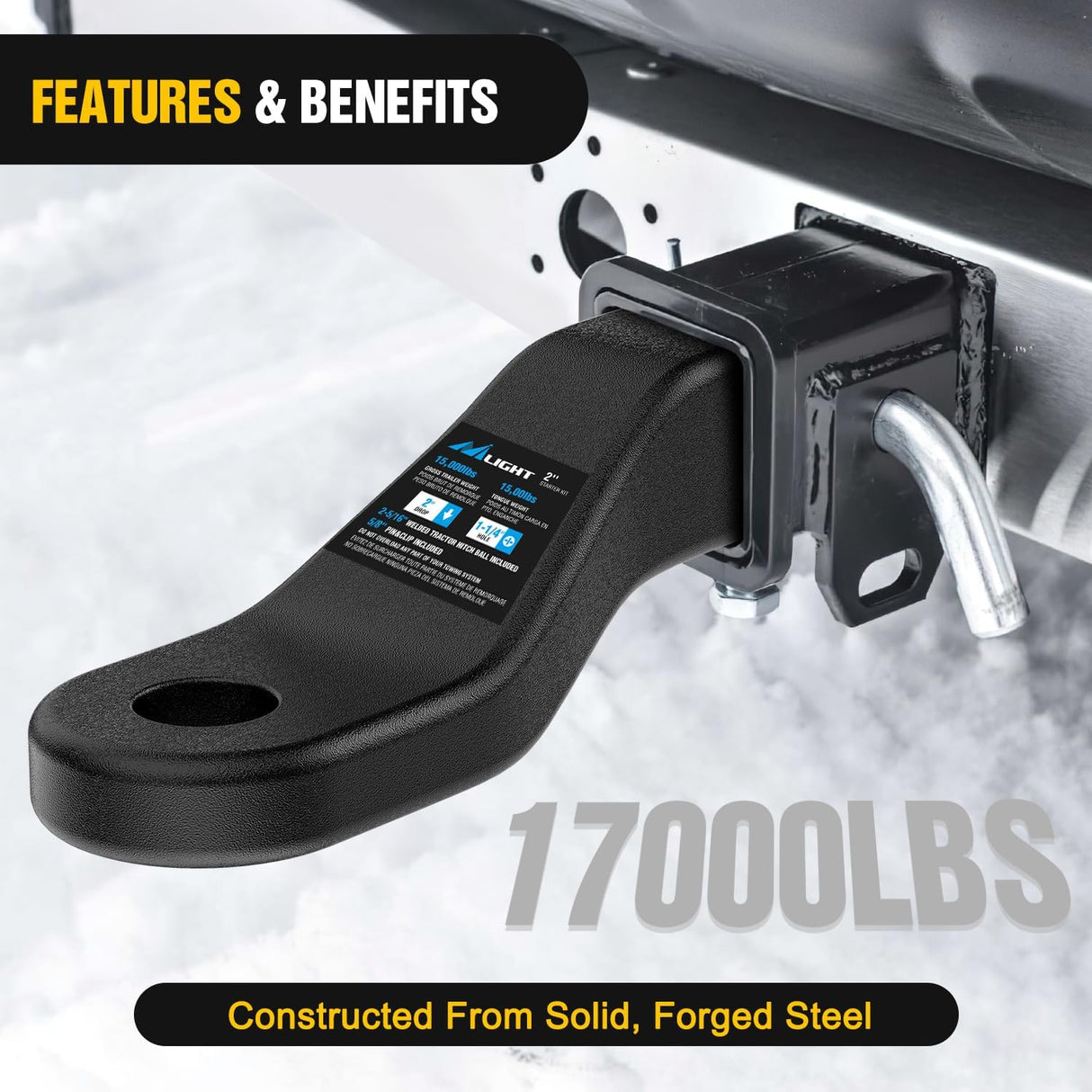 Forged Trailer Hitch Mount Fits 2 Inch Receiver Square 5/8 Inch Hitch Pin Clip 17000 lbs 2 Inch Drop, 1-1/4 Inch Hole, Gloss Black Powder Coat