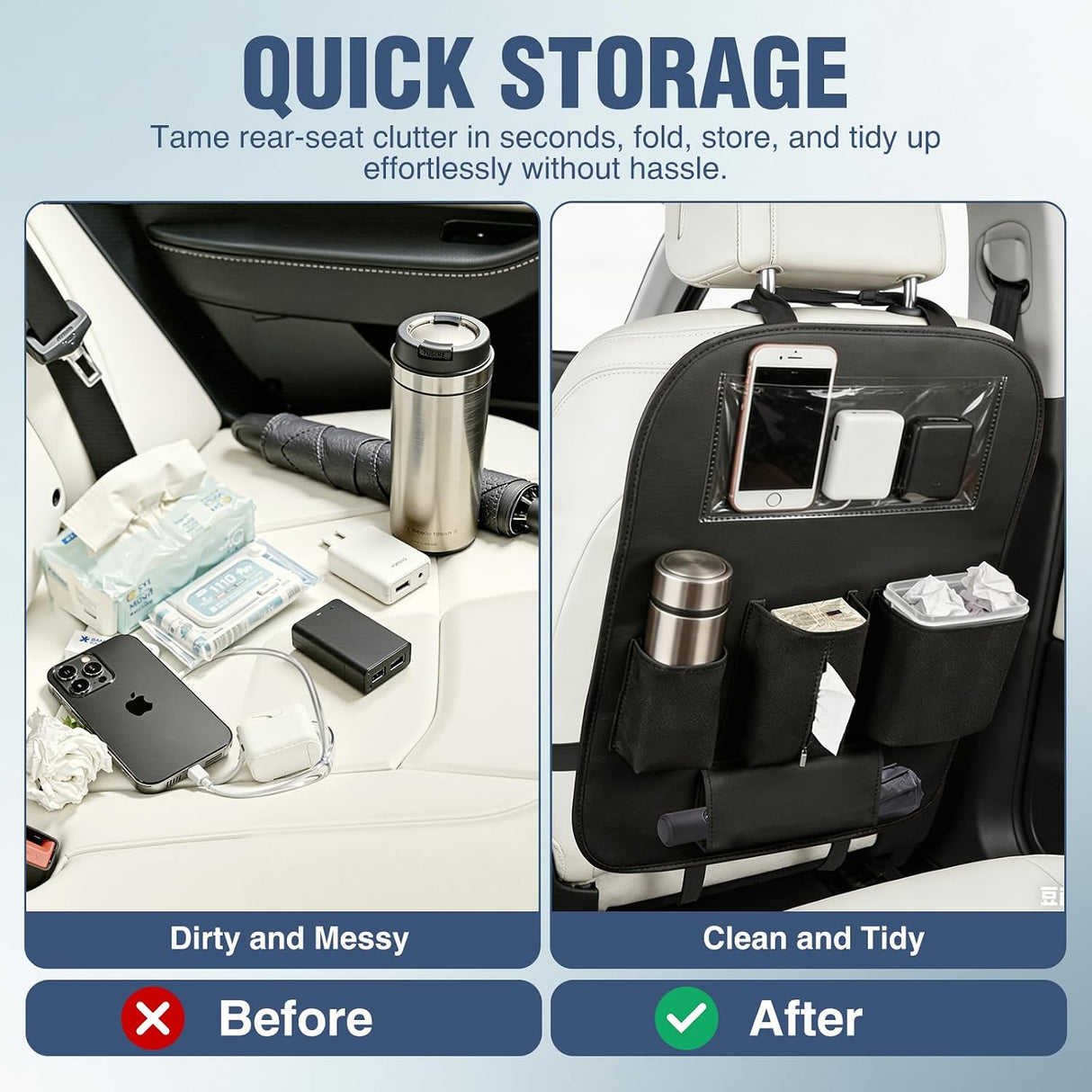 Car Seat Back Organizer 1PC Black PU Leather Universal | Cup Holder Tissue Box Removable Bucket Waterproof Multifunctional Storage Bag for Cars Vans SUVs MPVs Pickup Trucks