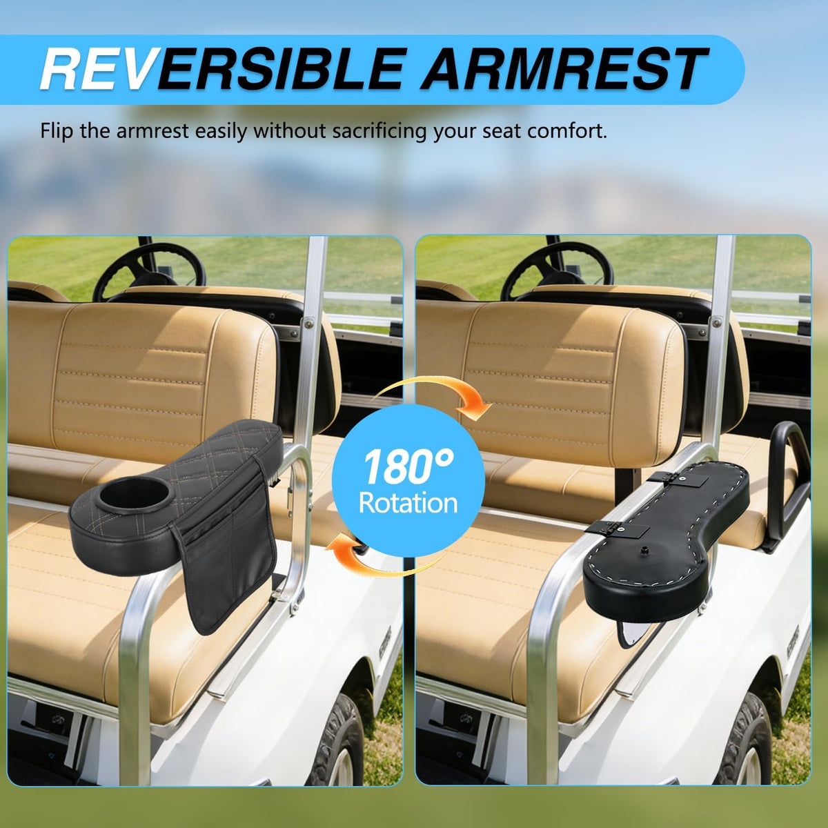 Golf Cart Armrests 2PCS Black Diamond Flip Stand Storage | No Drilling Cup Holder Detachable PU Leather Armrest Fits 1 Inch Square Tubes for EZGO Club Car Yamaha Rear Seat