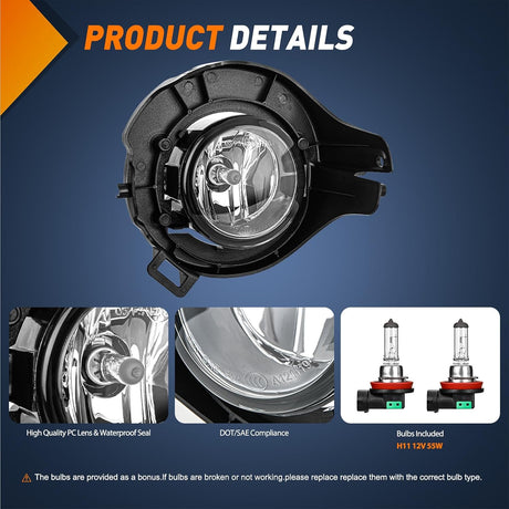 Fog Lights Assembly Compatible with 2005 2006 2007 2008 2009 Nissan Frontier 2005-2012 Pathfinder Left Driver and Right Passenger Side Clear Lens w/H11 12V 55W Bulbs