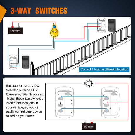 3 Way Switch On Off Toggle Rocker Control a Single Load from Two Separate Locations 12V 24V Waterproof 3-Way Switches for RV Camper Can-Am ATVs UTVs Cars Trucks