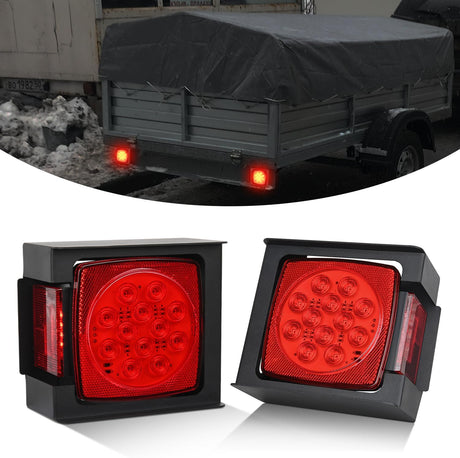 LED Trailer Light Kit 2 PCS Square Stop Turn Tail Side Marker Lights Steel Mounting Box License Plate Bracket Submersible IP68 For 12V Utility Boat Camper RV Truck