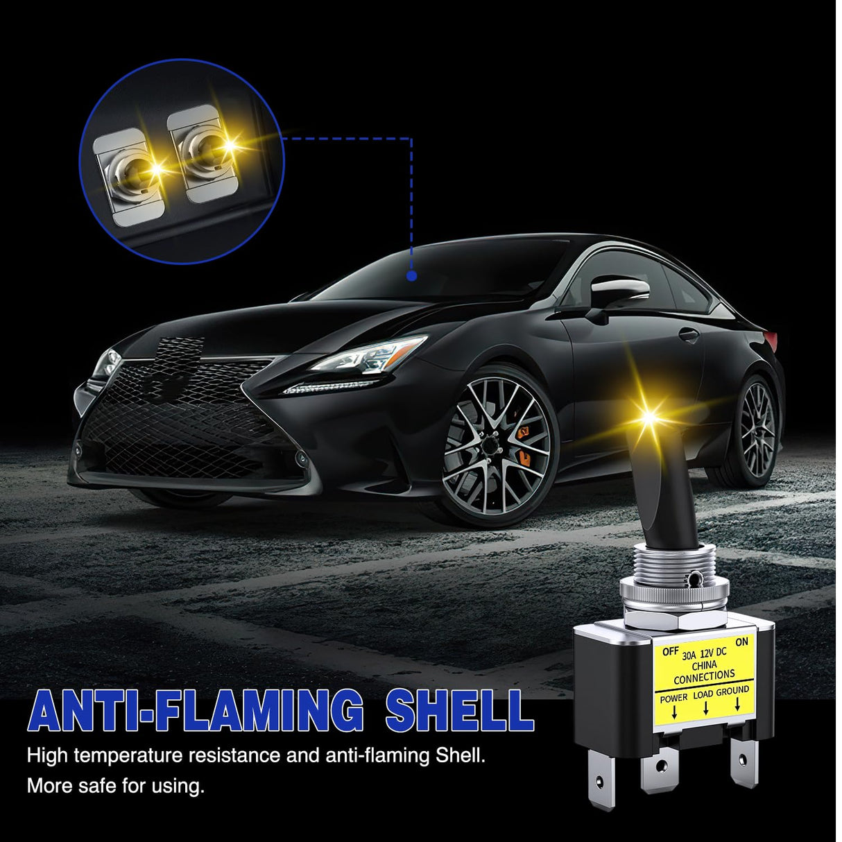 2PCS Yellow LED Toggle Switch 12V DC 30A 3 Pin On Off 2 Position Heavy Duty Rocker Switch with 14AWG Wire for Automotive Cars Trucks Boats Racing Cars Auto Boat