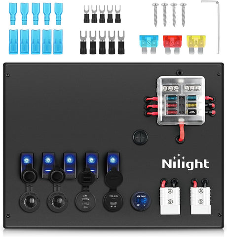 12V/24V Camping Electrical System Centre Battery Power Control Box Fuse Block Switches Cigar Socket Voltmeter USB Charger Anderson Connector Ideal for RV Car Canopy Caravan Camper Trailer Van