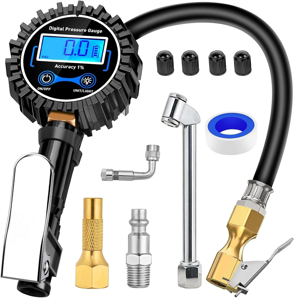 Tire Inflator with Digital Pressure Gauge 250PSI Heavy Duty | Air Chuck Compressor Attachments with Rubber Hose & Quick Connect Coupler 0.1 Display Resolution for Car Truck SUV RV