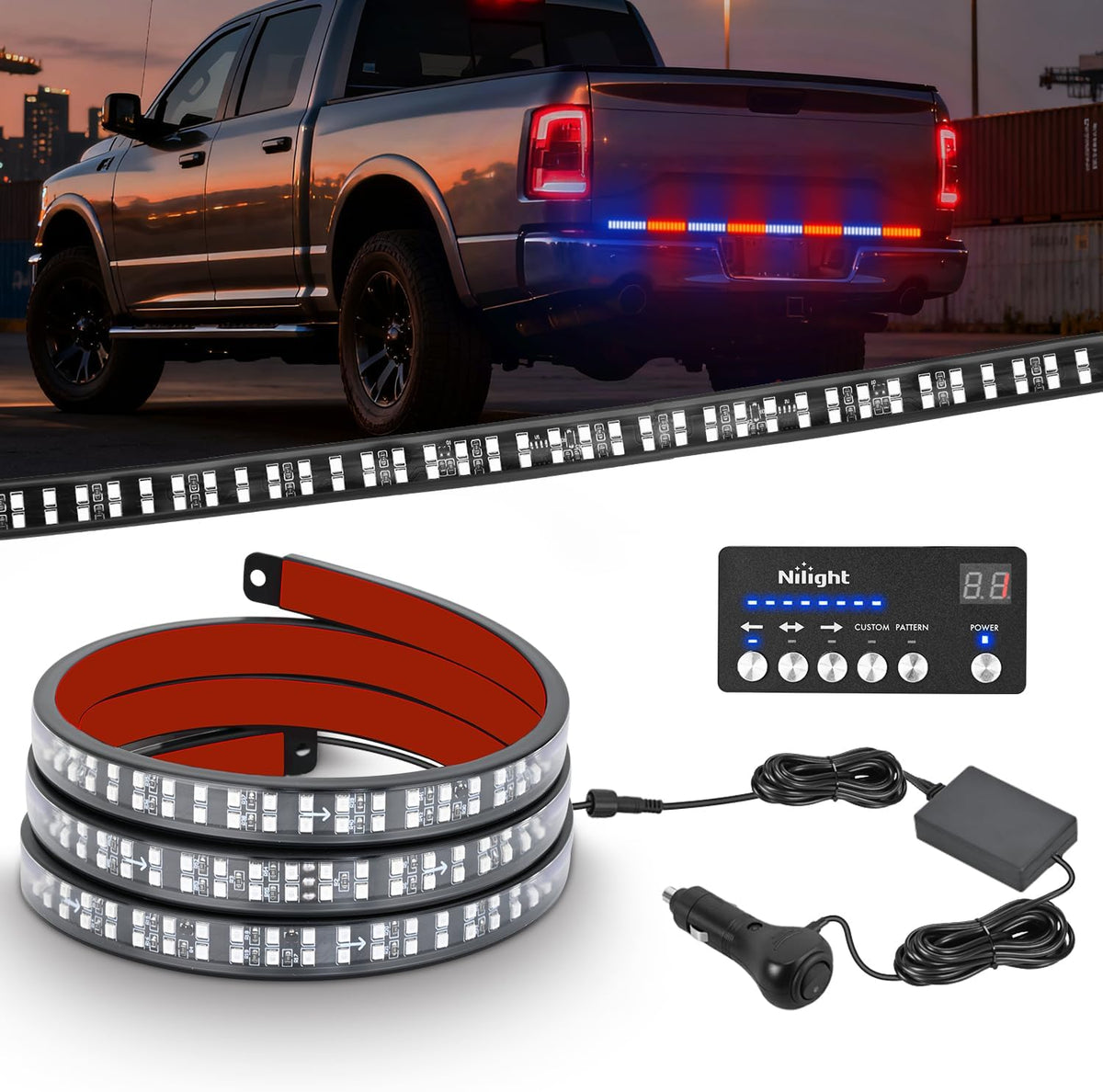 49 Inch Emergency Strobe Light Strips with Controller Red Blue | 288LED Flashing Warning Hazard Safety Rear Window Tailgate Lights for Truck Trailer Construction Plow Pickup SUV Vehicle