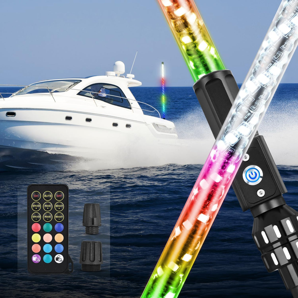Boat Navigation Whip Light 3FT 360° Visibility 2NM Coast Guard Compliant 400+ Patterns with Remote Plug-in Base LED Spiral Boats Stern Lights for Night Fishing, Yacht, Pontoon Accessories