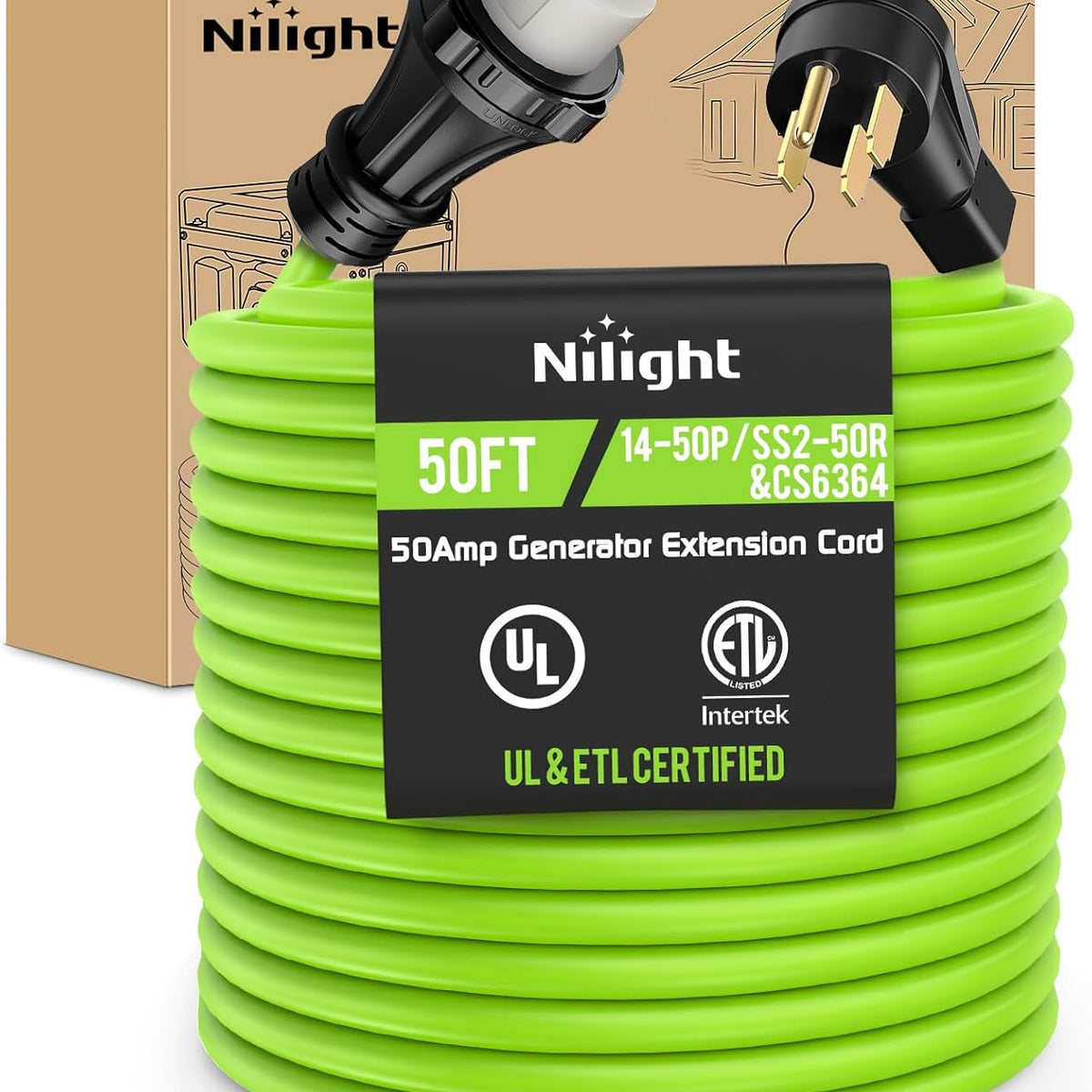 50FT 50 Amp Generator Extension Cord 250V Heavy Duty 6/3+8/1 Gauge Pure ...