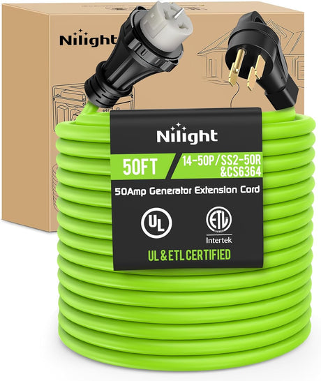 50FT 50 Amp Generator Extension Cord 250V Heavy Duty 6/3+8/1 Gauge Pure Copper STW Wire ETL Listed 4 Prong 14-50P SS2-50R&CS6364 Suit for RV Camper Outdoor Use Bright Green