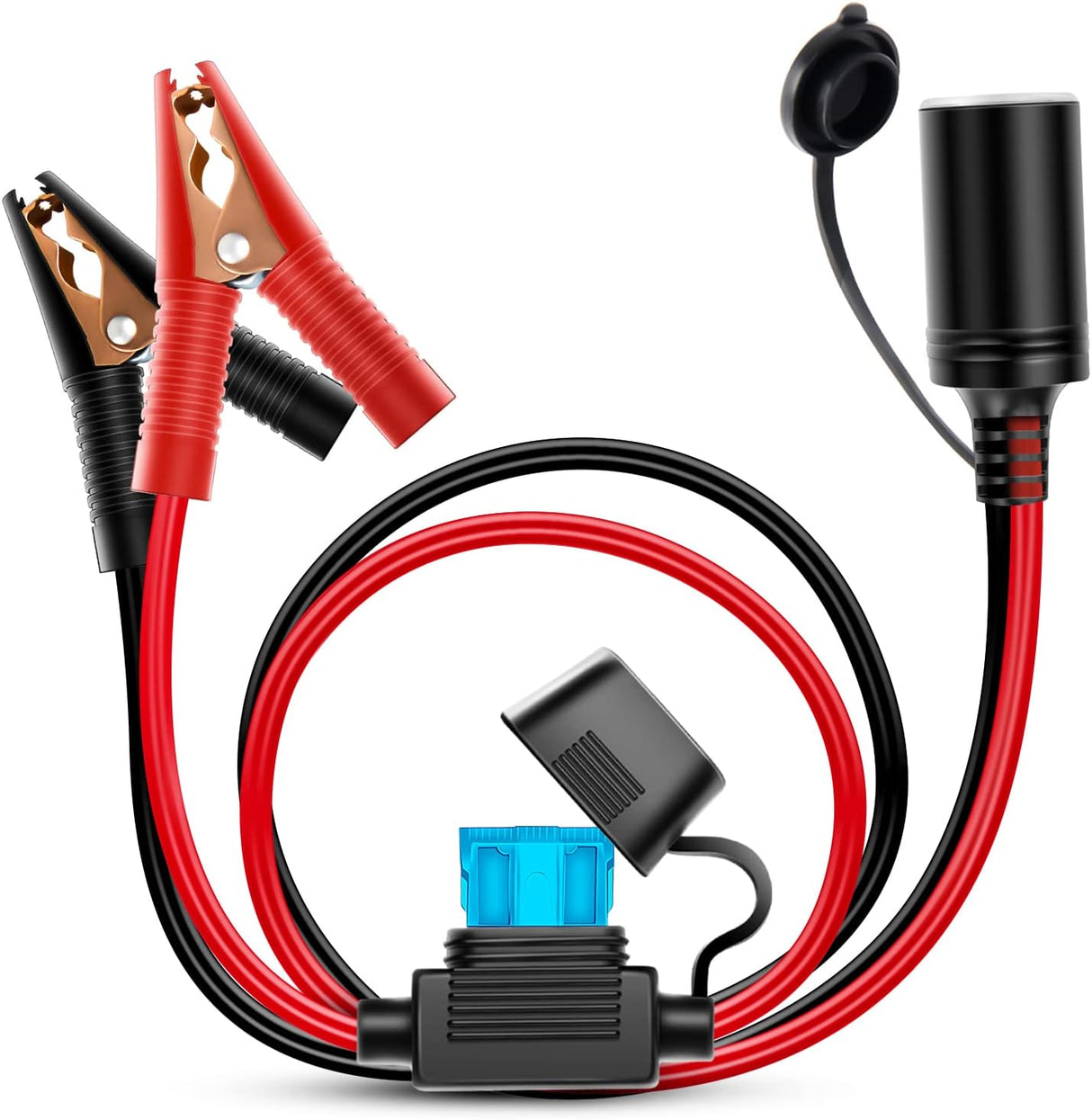Battery Alligator Clamp to Female Cigarette Lighter Socket Adapter | 4.9FT / 1.5m Clips 16AWG Copper Power Cord Wire with 15A Fuse Holder for Vacuum Cleaner Tire Pump