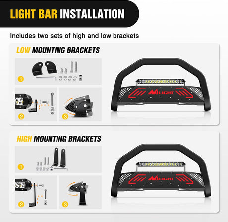 Bull Bar with Light Bar&License Plate Hole for 2009-2018 Dodge Ram 1500&2019-2024 RAM 1500 Classic (Exl Rebel Sport) Truck Brush Guard Front Bumper Push Bar w/Grille Skid Plate Light Mount
